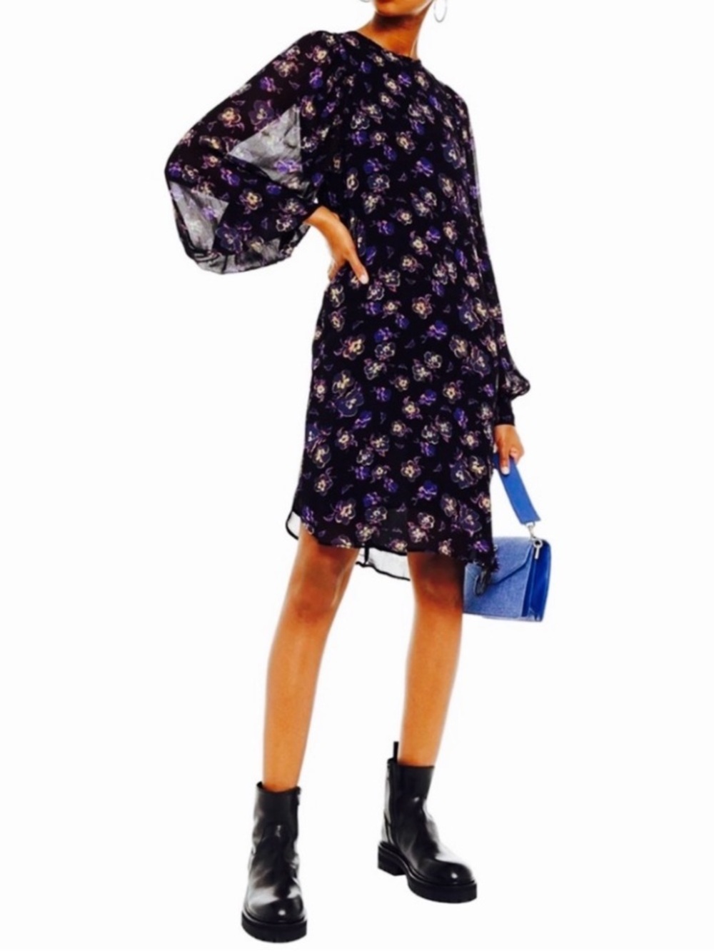 GANNI Dark Floral Georgette Mini Dress Balloon Sleeve Size 32 XS/2 Dark Romance